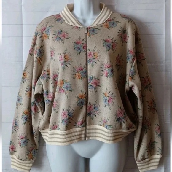 Anthropologie Maeve Floral Lurex Knit Bomber Jacket Size Large - Picture 2 of 6
